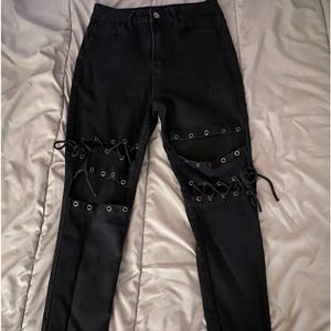 Black lace-up leg jeans